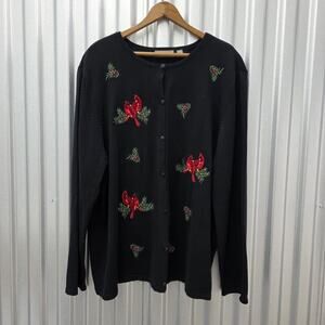 Croft & Barrow Cardinal Sweater Black Button Down Embroidered Red Birds Size L